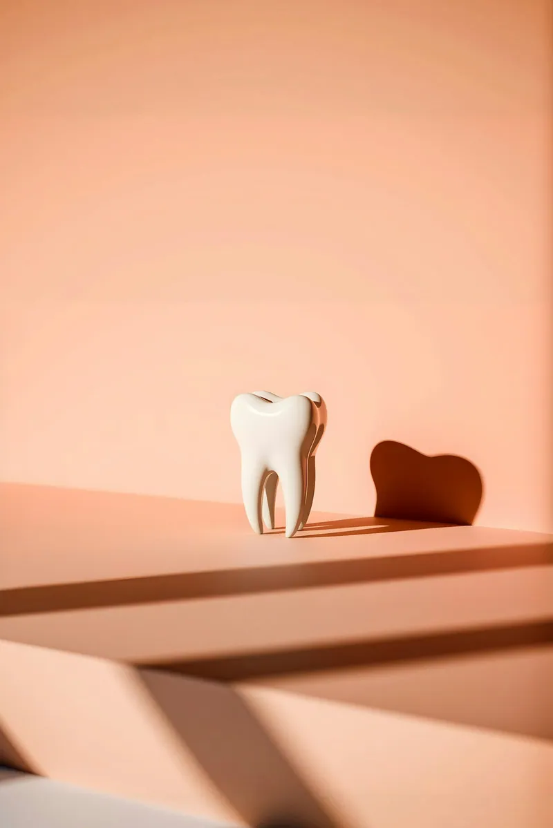 Ceramic tooth sculpture casting a soft shadow on a peach-toned background