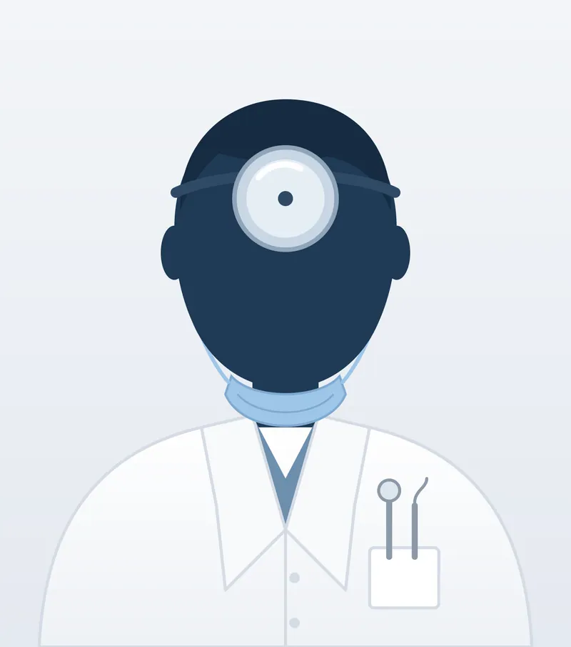 Illustration of a dentist in a white coat wearing loupes with a headlight and a mask around the neck