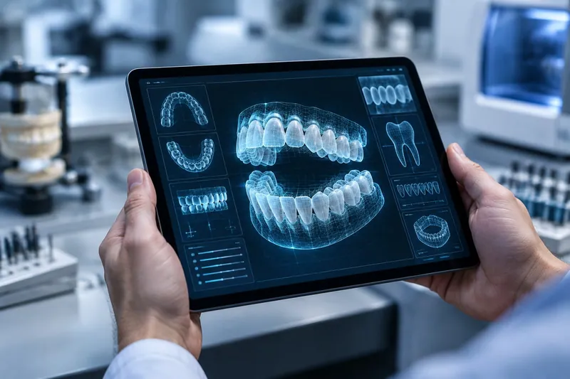 Tablet showing a 3D digital scan of upper and lower dental arches in a dental lab