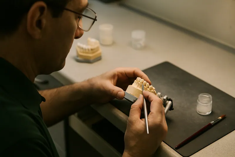 Dental technician hand-finishing a restoration at the lab bench